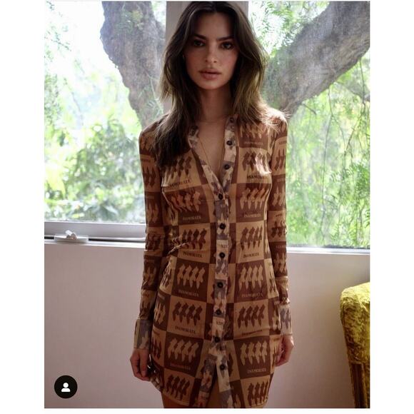 Inamorata Riviera Brown Check Mesh Dress Long Sleeve Button Up Mini Dress S - Picture 13 of 13